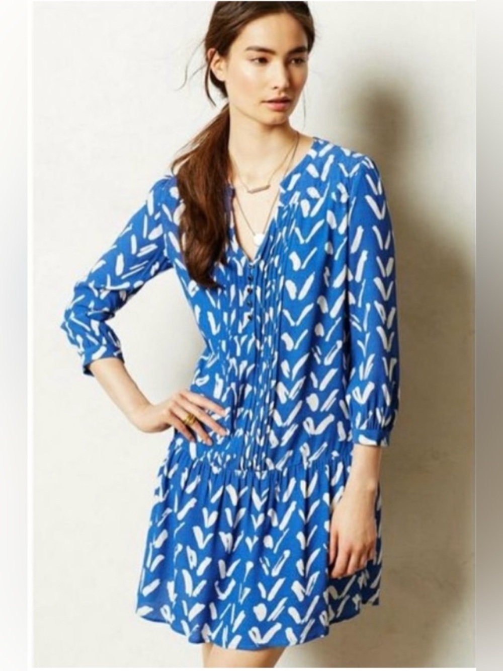 Maeve Blue White Print Pintuck Mini Dress XS 3/4 Sleeve Boho